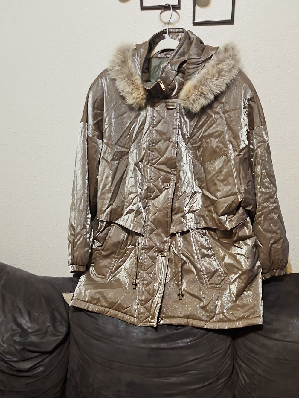 Gallery Shimmery Taupe Faux-Fur Hooded Puffer